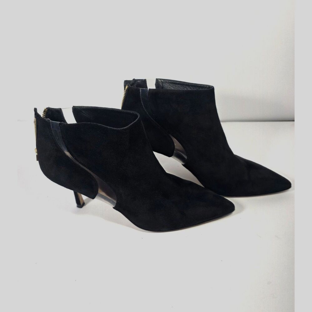 Stuart Weitzman Black Suede Clear PVC Cutout Ankle Booties Kitten Heel 7.5M